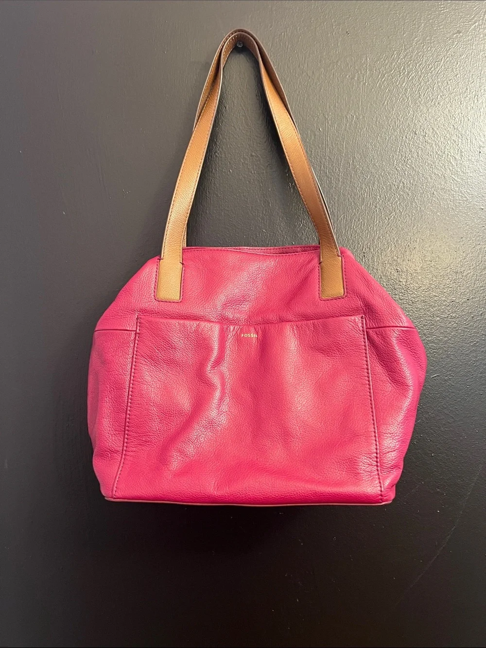 FOSSIL Berry Pink Leather Shoulder Tote with Tan Straps - Picture 1 of 3